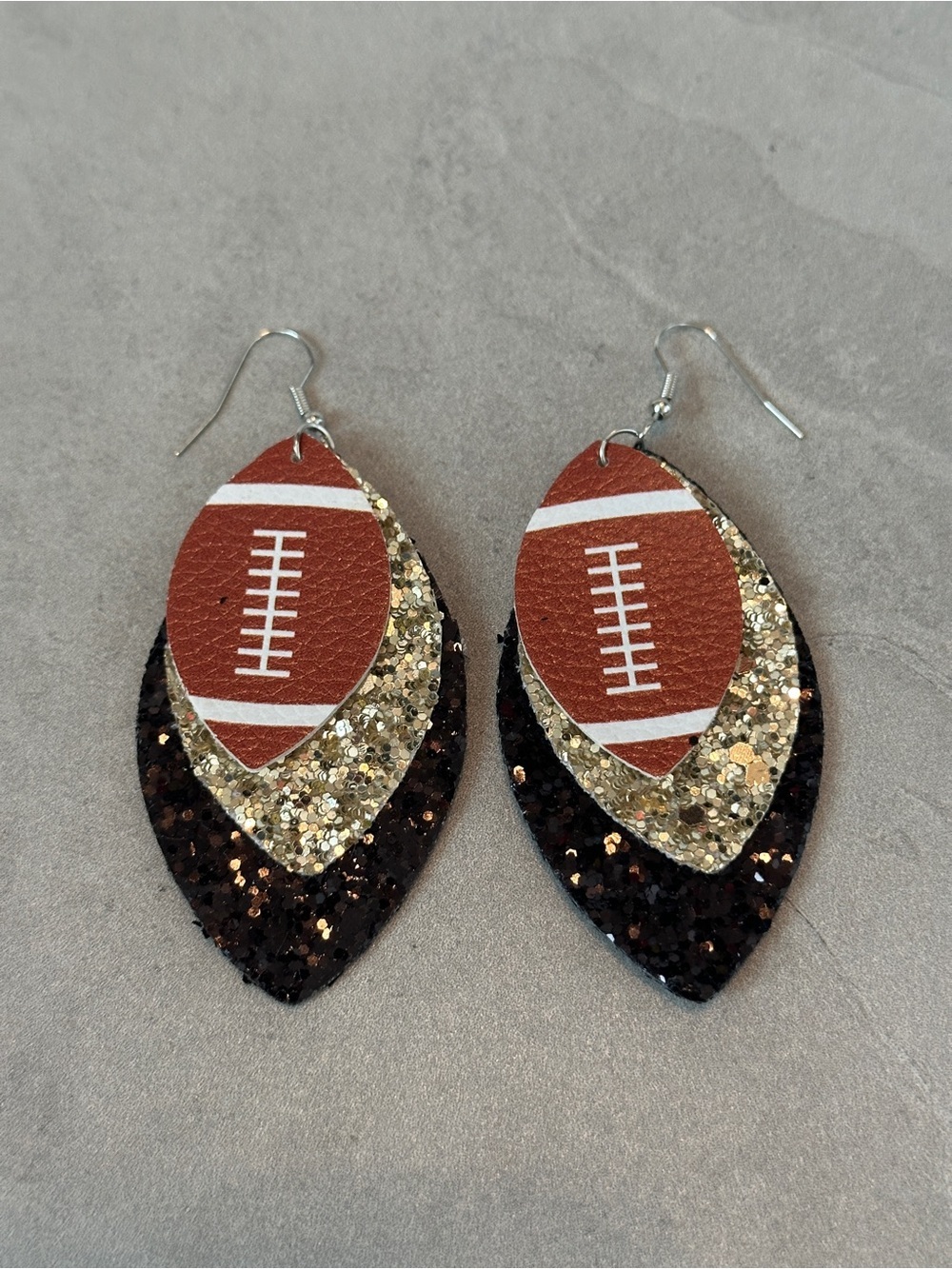 Women's Black and Gold Glitter Leather Football  Teardrop Earrings